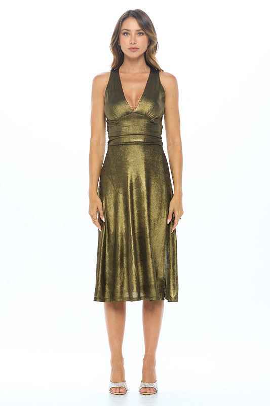 Metallic Solid Deep V Neck Lined Dress with Slit 17845449_e31fc4b0-7faa-46a6-aae3-72c35d2bc107