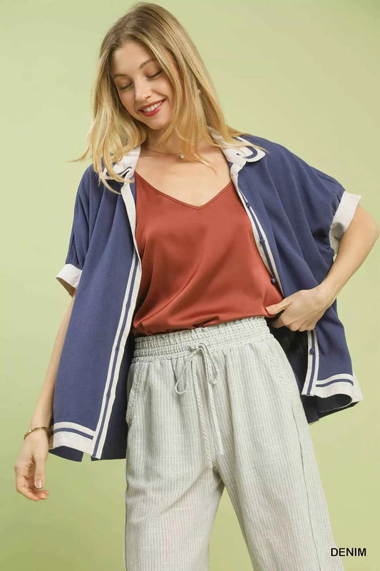 Linen Button Front Top with Contrast Piping 178b2b98-297a-4a9c-9a3f-6b4b71649c00-Max-Origin