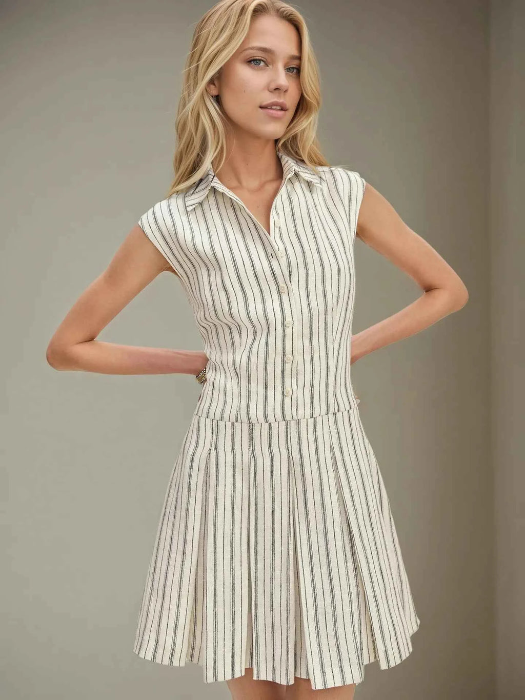 Striped Sleeveless Button Front Shirt Dress Stripe 178f37ee-38a8-4f47-9d26-25b69aebe783-Max-Origin