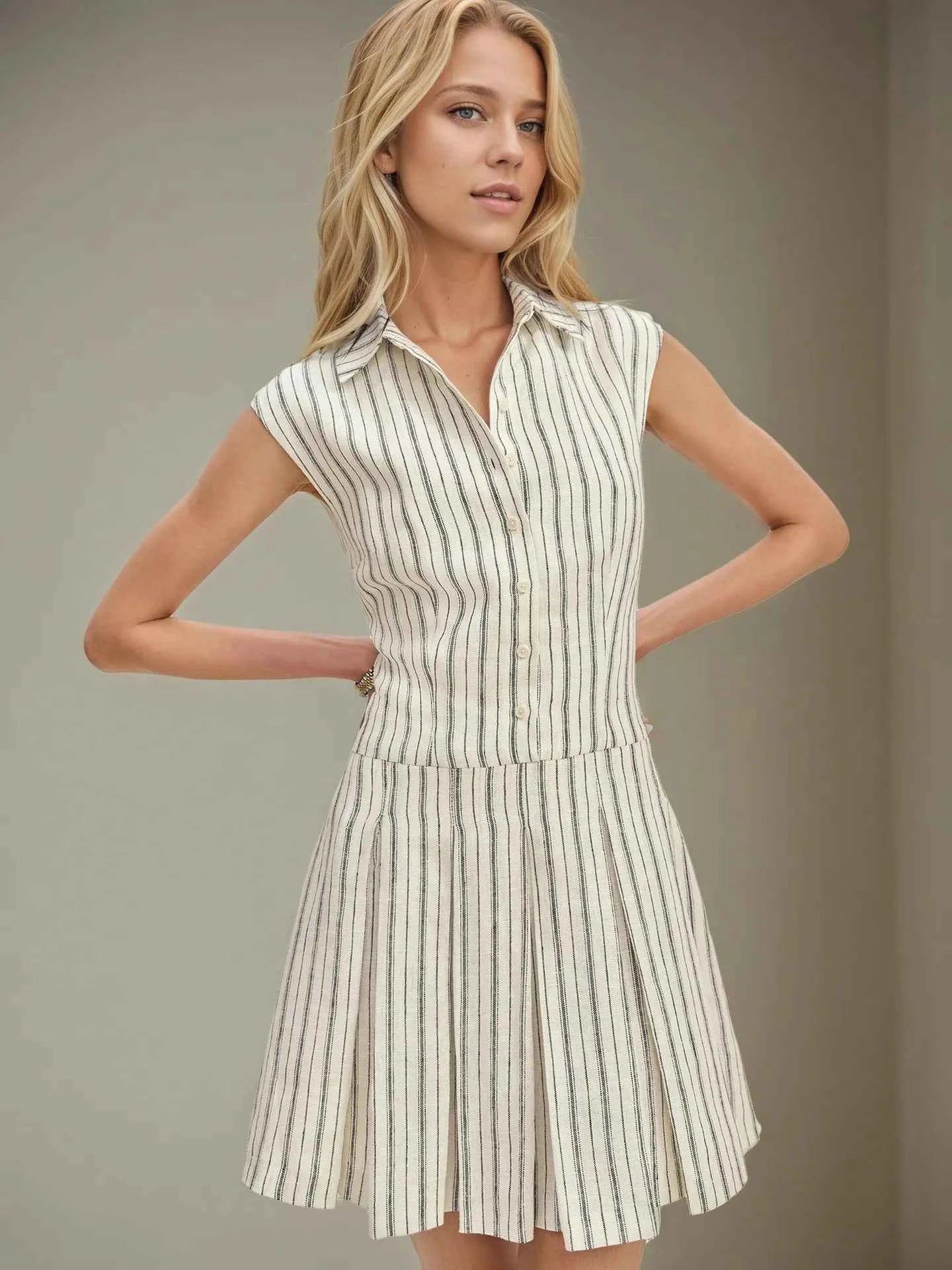 Striped Sleeveless Button Front Shirt Dress Stripe 178f37ee-38a8-4f47-9d26-25b69aebe783-Max-Origin