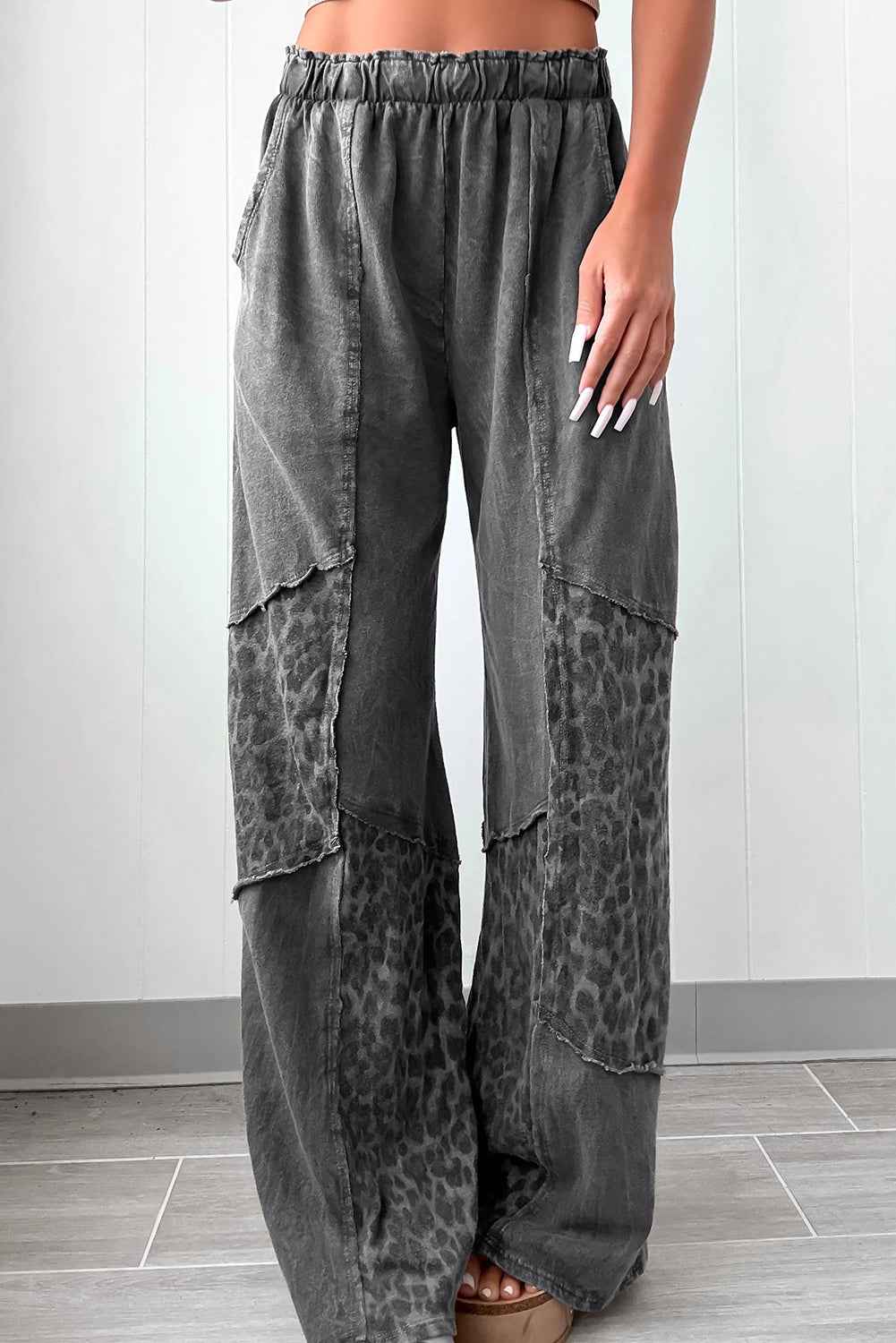 Coffee Mineral Wash Leopard Patchwork Loose Pants Dark Grey 80%Cotton+20%Polyester 179420ca2f2ce975