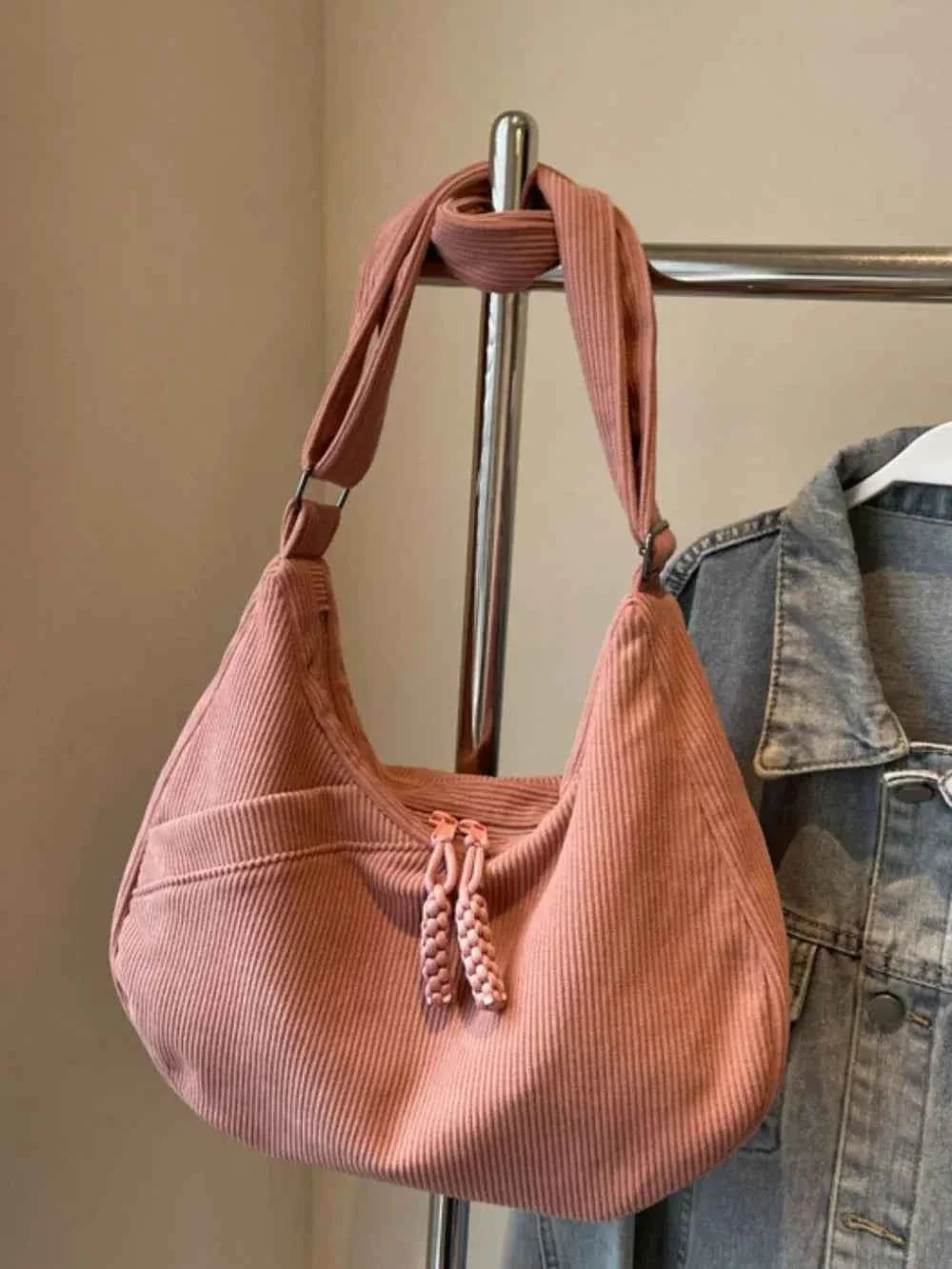 Ribbed Adjustable Strap Shoulder Bag Pink One Size 179658df-97a1-492d-b2e4-76f06326d985-Max