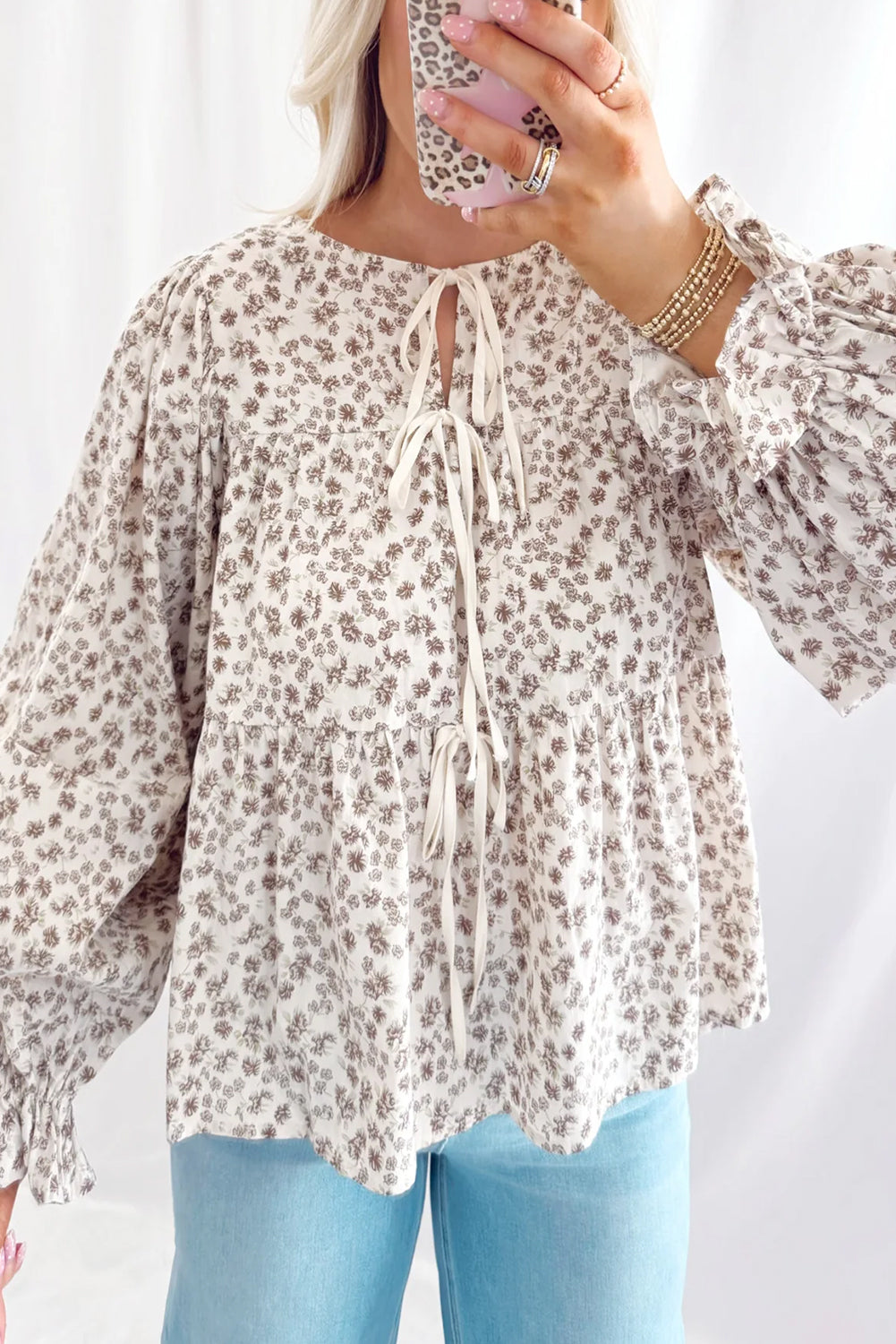 White Bow Tie Front Floral Print Flounce Sleeve Peplum Blouse 17995220545f7b4c