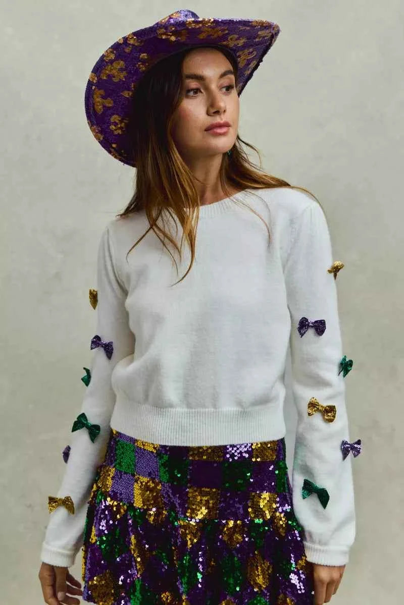 SO ME Mardi Gras Glitter Bow Ribbon Sweater Knit Top 17a3c81d29f3430483e62c6e9e64ffac-Max-Origin