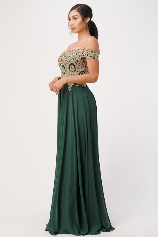 Off Shoulder Evening Gown – Gold Lace Appliqué Chiffon Dress for Women 17a504e4-3327-44fd-bce5-bf4a6f7847ee