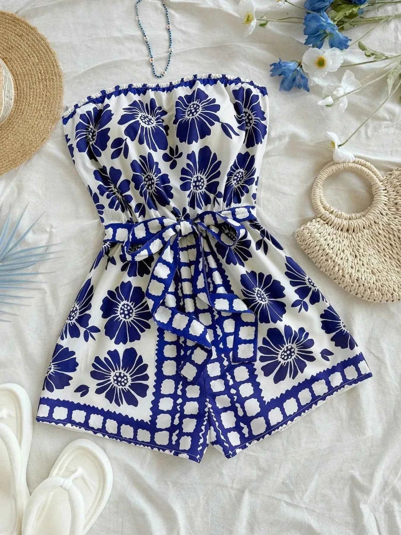 Printed Tube Tie Waist Romper Royal Blue 17aa7866-cf38-4af2-892c-93fcc6a68227-Max-Origin