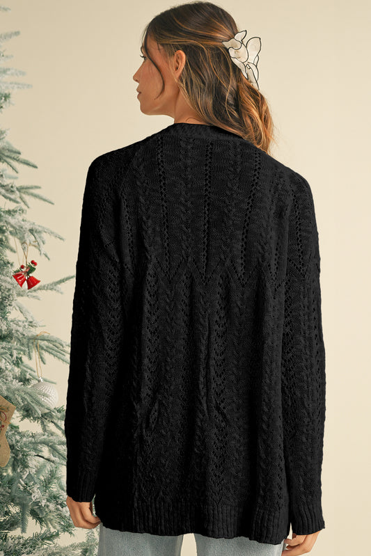 Black Solid Color Hollow Knit Open Front Cardigan 17ab0a7e3334be90