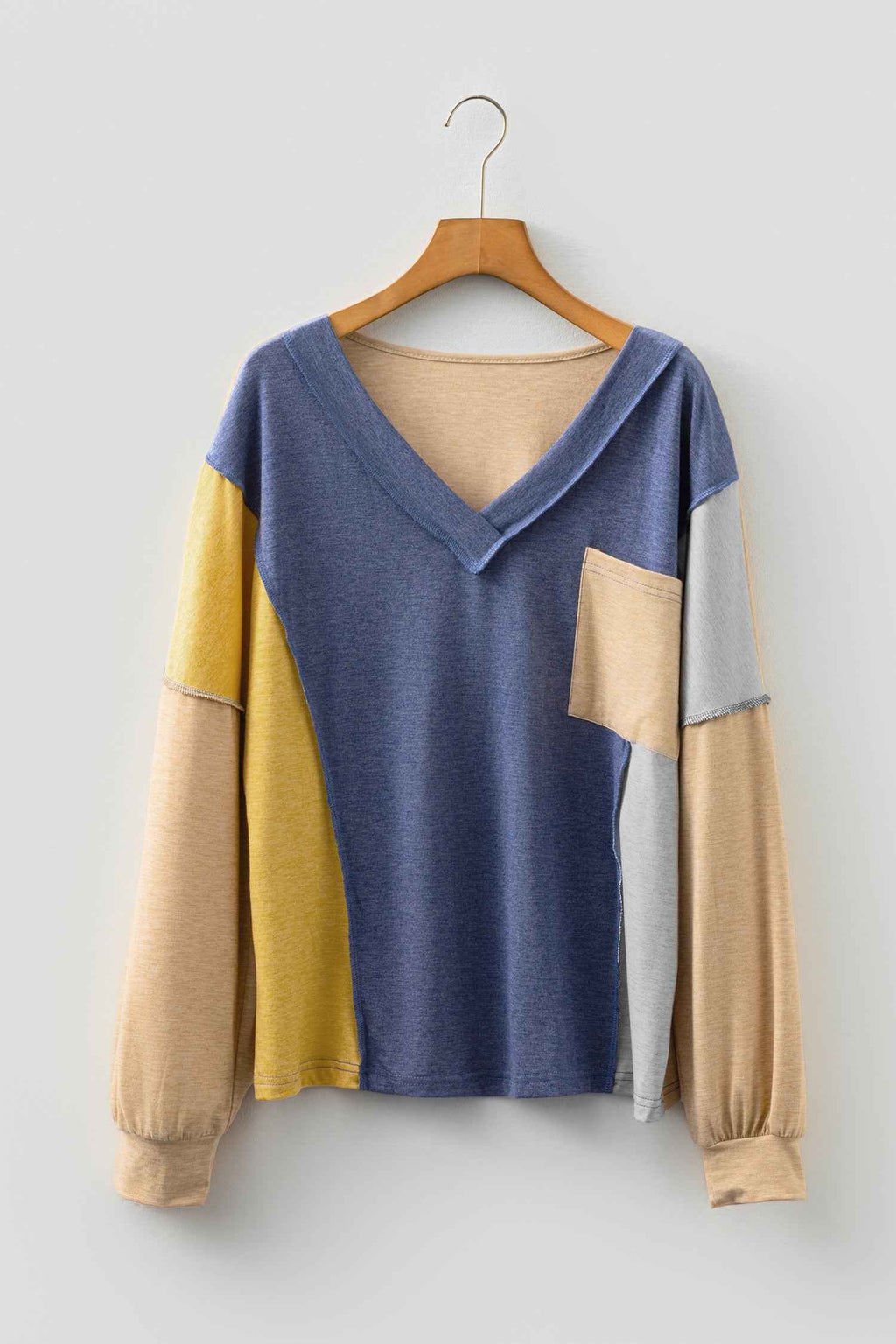 Sail Blue Exposed Stitching Colorblock V Neck Long Sleeve Top 17ae70f4abdb75f6