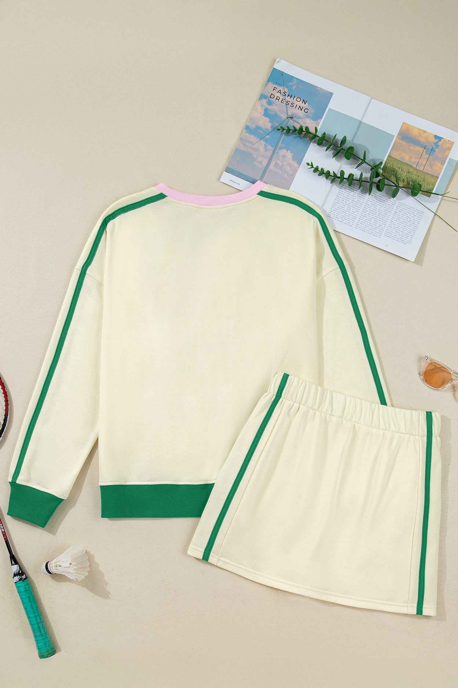 Beige Ribbed Colorblock Trim V Neck Sporty Pullover Mini Skort 2pcs Athleisure Set 17b22418e14edc46