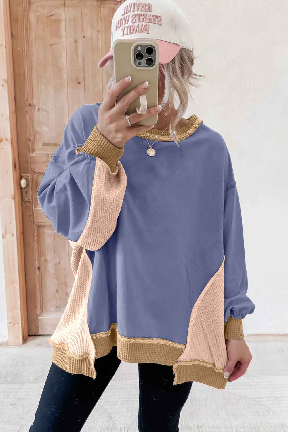 Smoke Green Colorblock Waffle Patchwork Oversize Sweatshirt 17b3207e1ce5053b