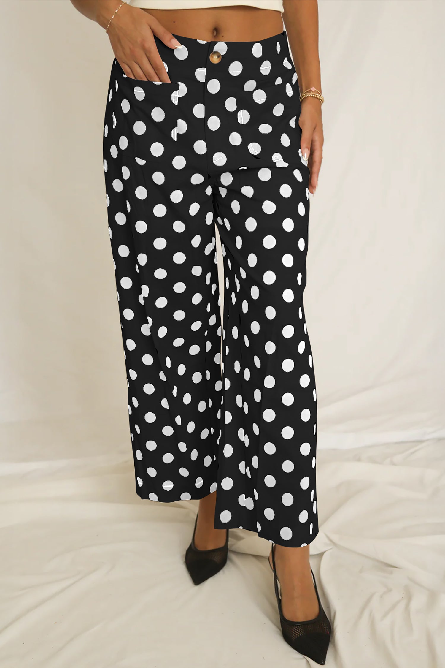 White Polka Dot Print Patched Pocket Loose Pants 17b5843761ae3bfa