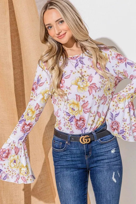 Floral Printed Bell Sleeve Casual Top - Ruffled Boho Style 17b78894a56e497dbf1802187a7608d1-Max-Origin