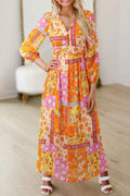 Orange Floral Patchwork Print Cut out Tied Back Bracelet Sleeve Maxi Dress Orange 100%Polyester 17bcfd783cc37821