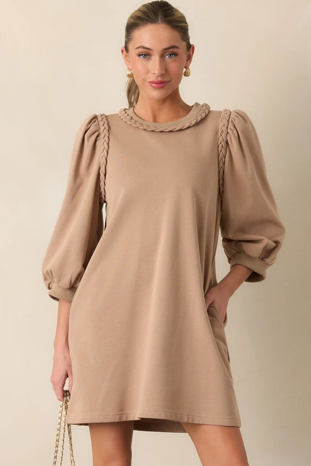 Light French Beige Twist Braided Embellished Puff Sleeve Dress 17bfce0fe87c1dd2