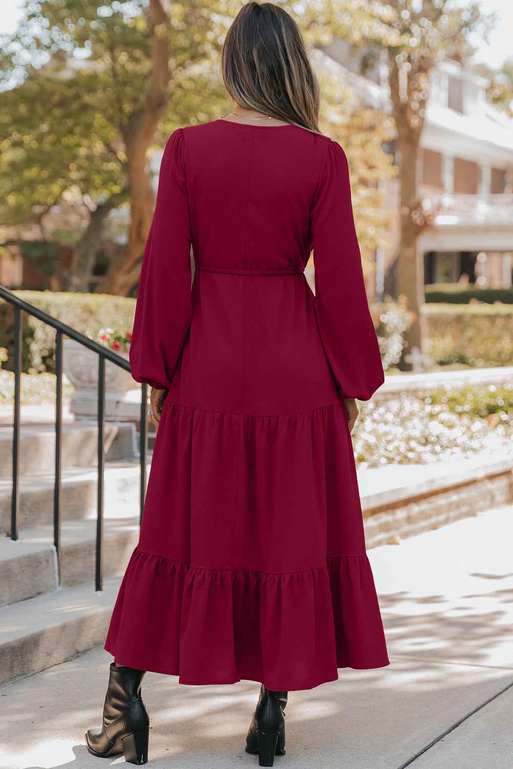 Blackish Green Solid Long Sleeve Button V Neck Tiered Maxi Dress 17c41431b10e945e