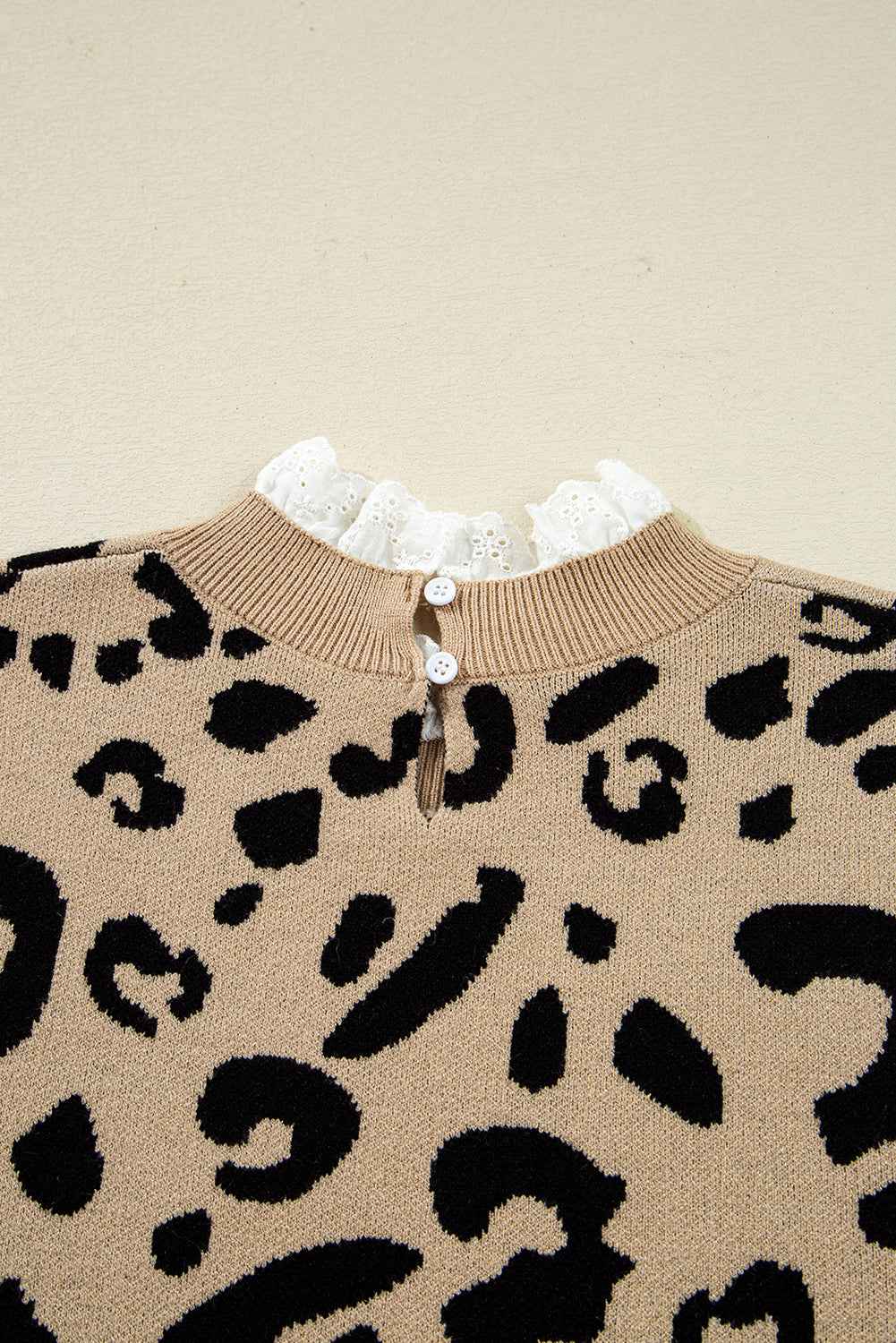 Brown Leopard Pattern Lace Trim Ribbed Detail Button Cuffed Sweater 17c6281b493c3383