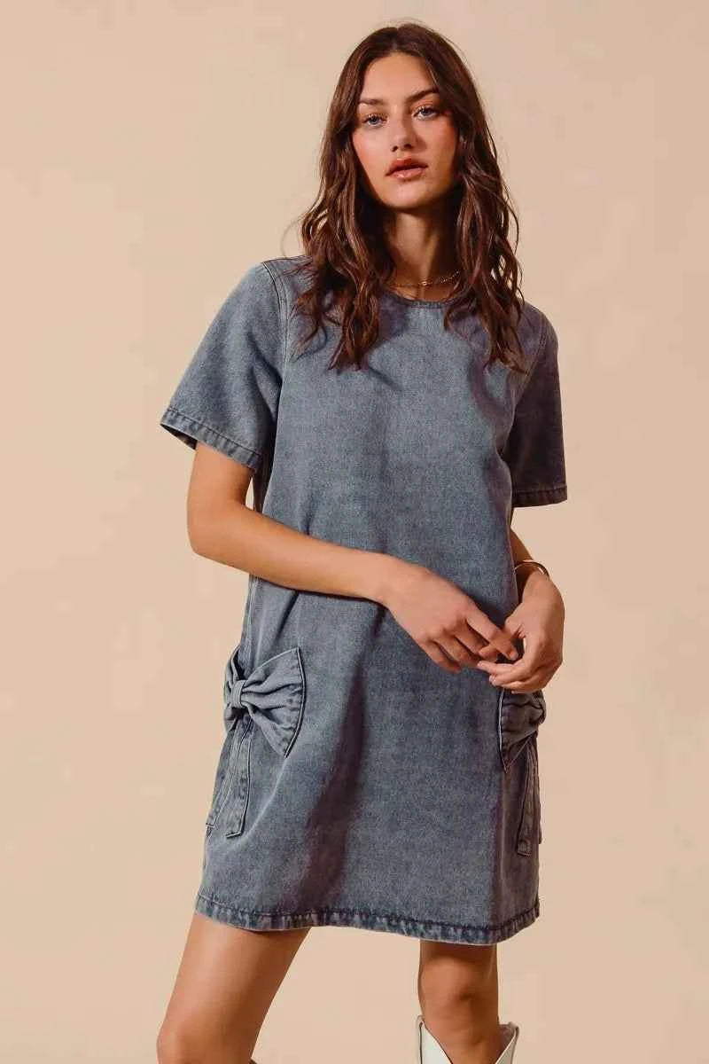 SO ME Bow Ribbon Knot Applique Denim Mini Dress 17c84895ba3449b187196fd5604a8ce4-Max-Origin
