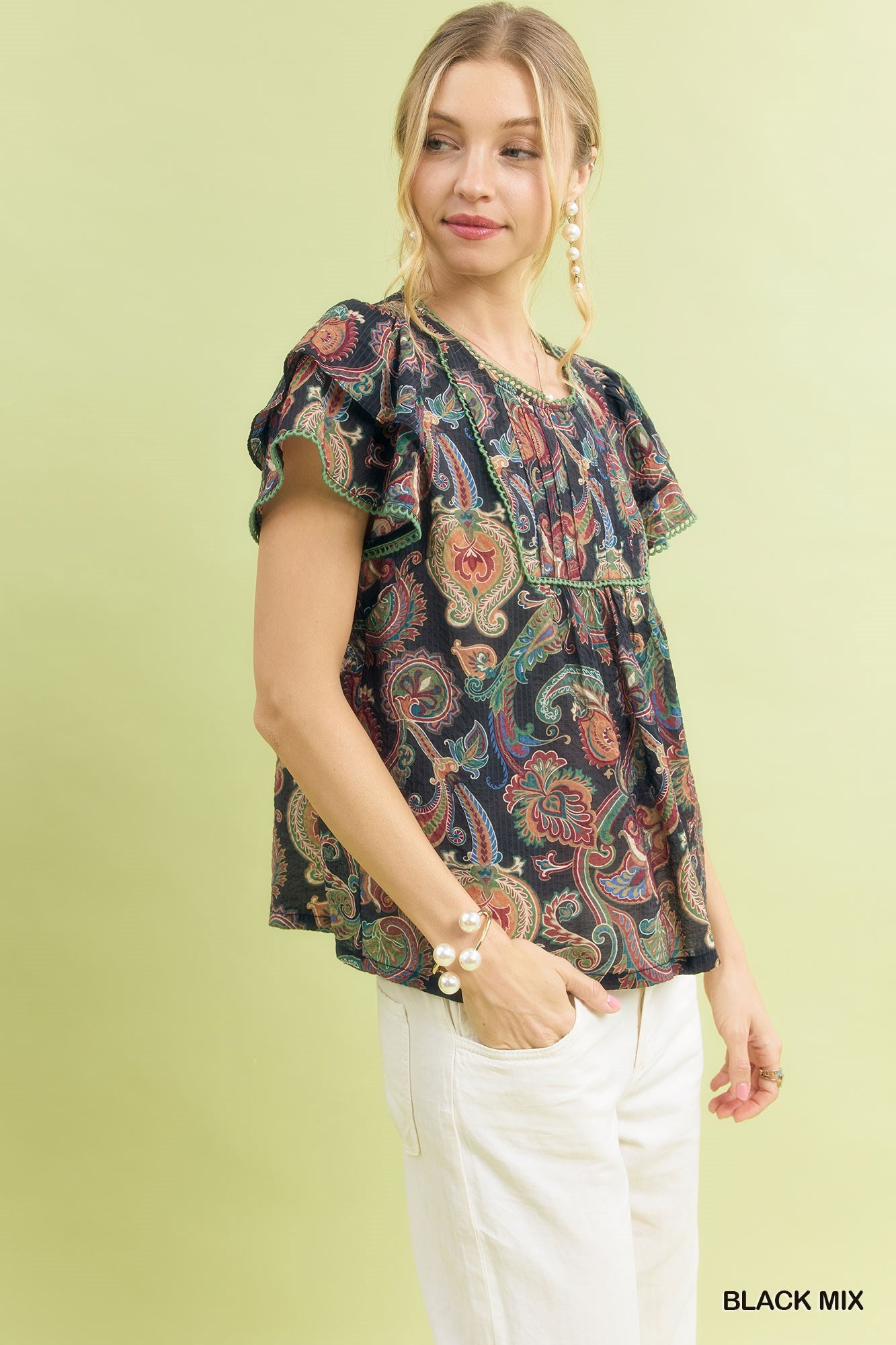 Umgee Mix Paisley Ruffle Sleeve Top 17cb2eb2-e03e-4f4e-be14-6dc7d0820d1c-Max