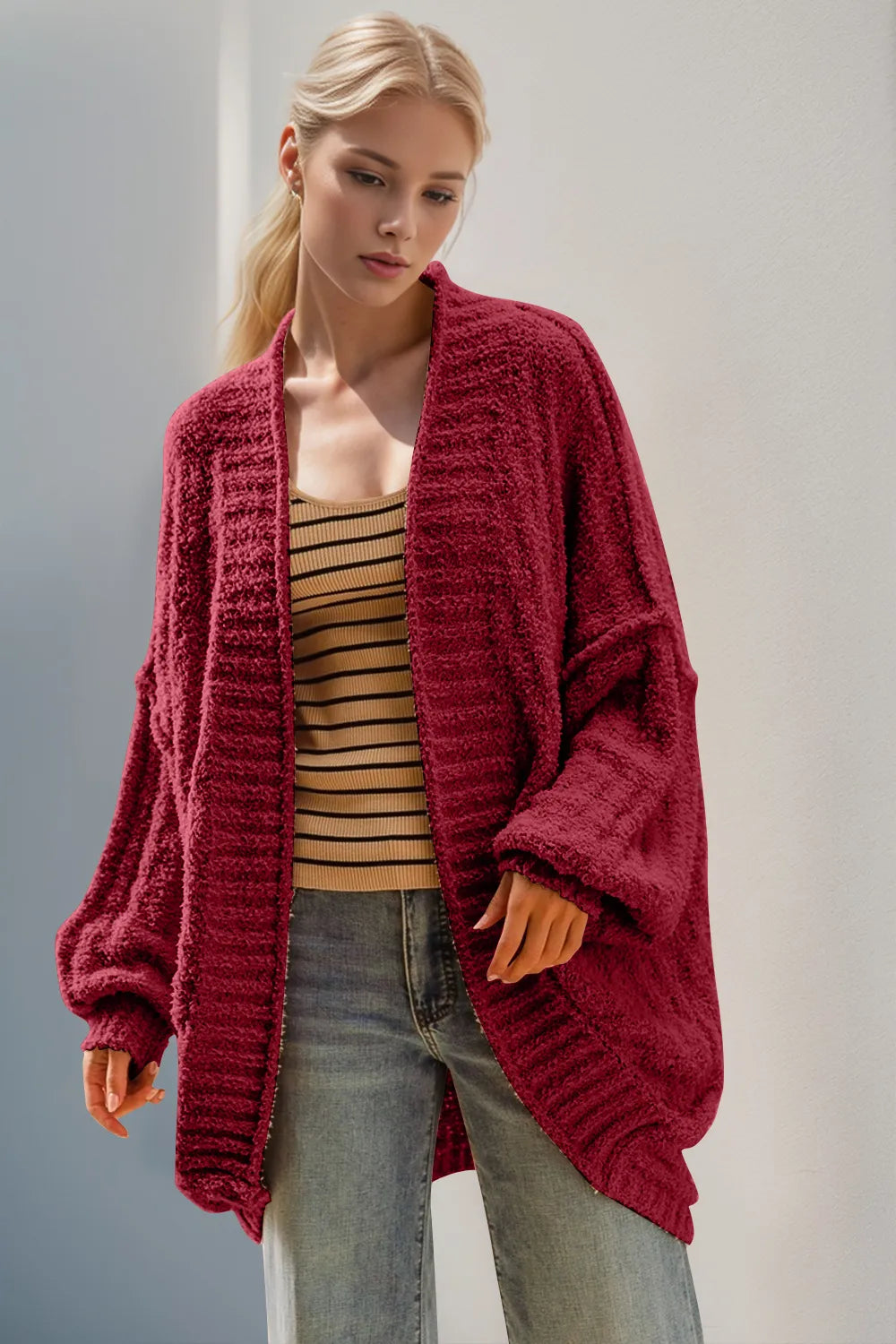 Double Take Full Size Open Front Long Sleeve Cardigan Deep Red 17cc5748-4b07-473c-8ff6-053222fe2df9-Max