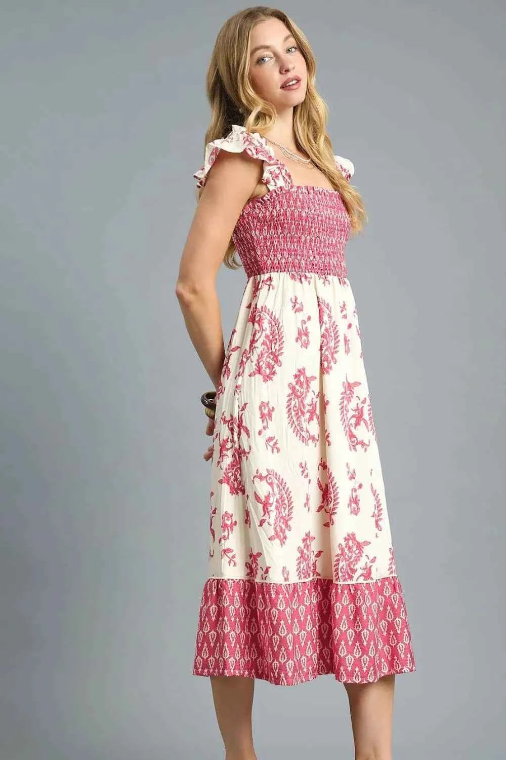 Umgee Printed Smocked Midi Dress with Ruffle Details 17cc6bff-00e1-4874-b15d-97e9167cb770-Max-Origin