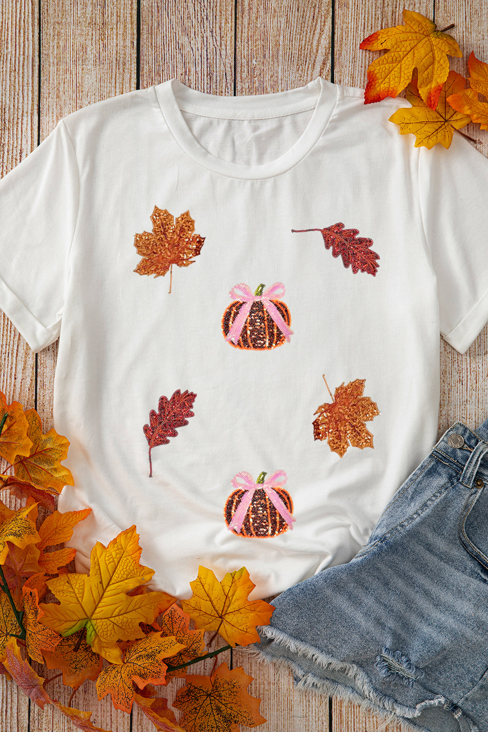 White Pumpkin Leaves Sequins Patch Fall Vibe Graphic T Shirt White 62%Polyester+32%Cotton+6%Elastane 17cd869f4dfe17f2