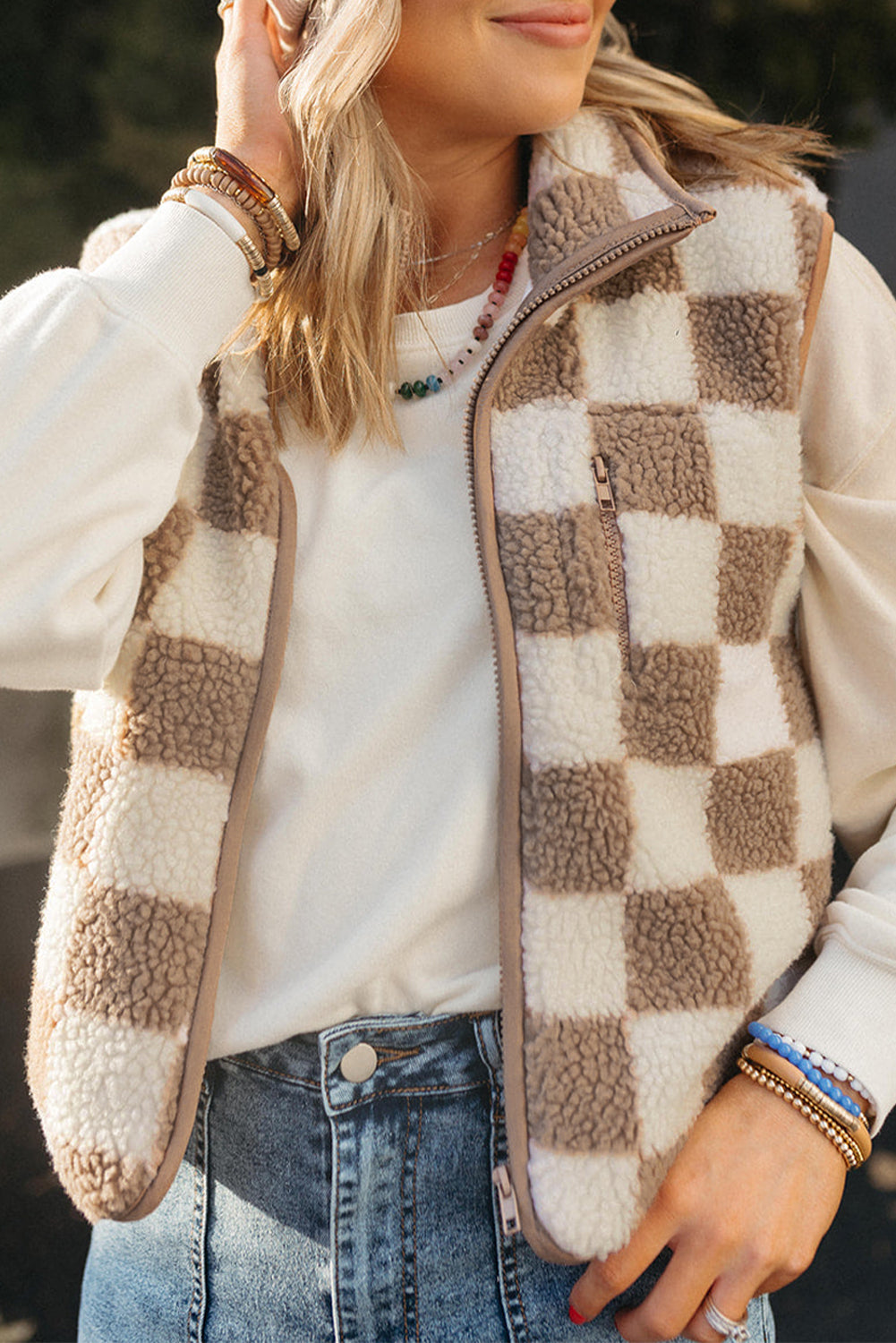 Khaki Checkered Sherpa Collared Jacket Vest 17d1a3b73d83cb7a