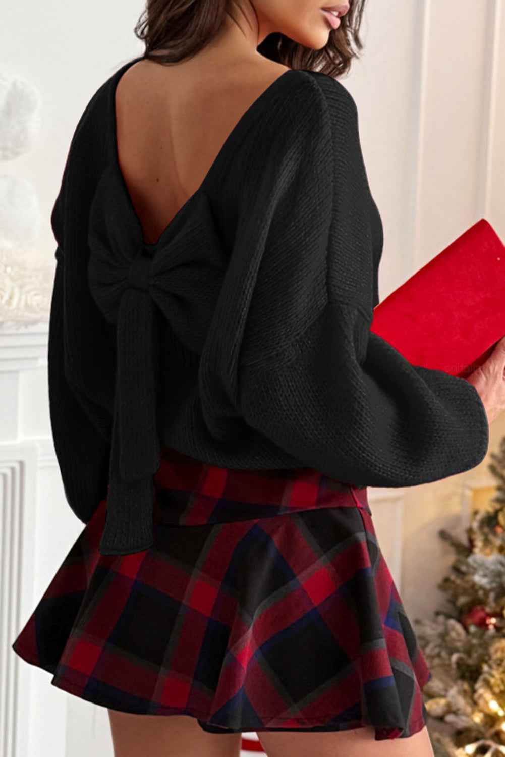 Bright Green Bow Backless Bubble Sleeve Sweater Black 65%Acrylic+35%Polyamide 17d21815773f2572