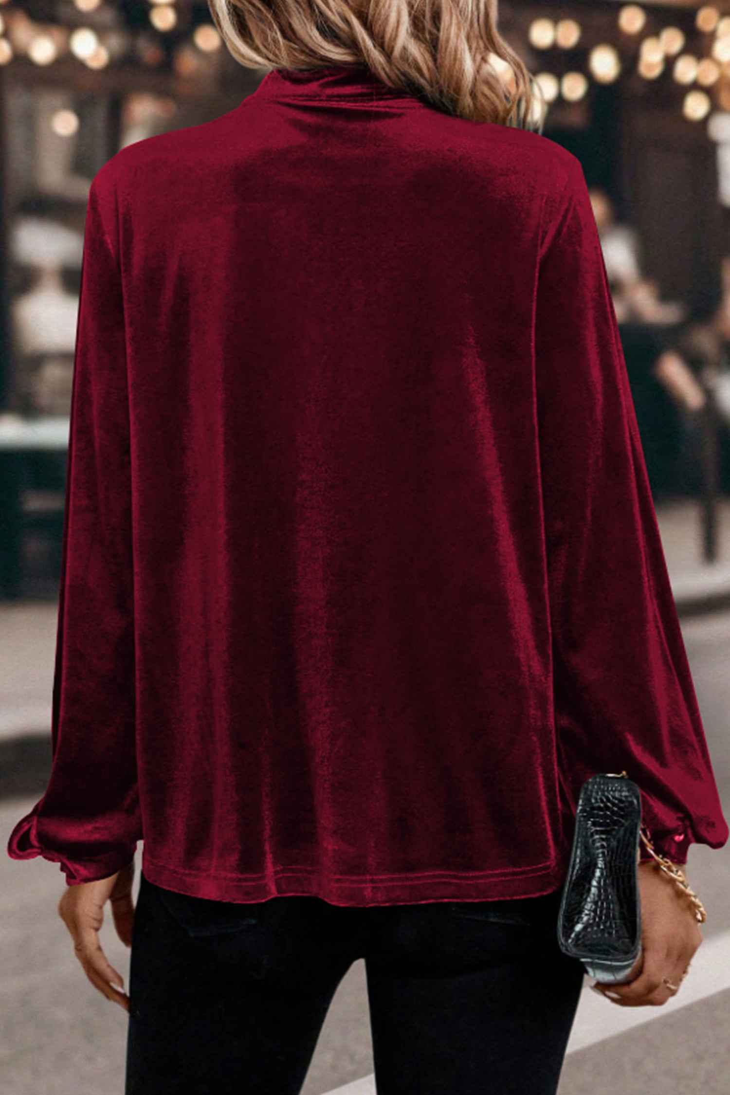Red Dahlia Asymmetric Button Keyhole Neck Long Sleeve Velvet Blouse 17d2e2ba18fe957c