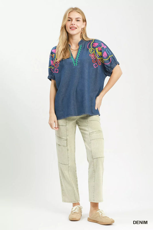Embroidered Denim Puff Sleeve Top 17d5306a-db11-4c75-ac43-5181b7890bdb-Max-Origin