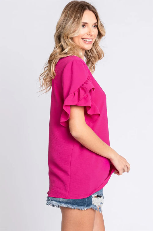 V-Neck Ruffle Trim Short Sleeve Blouse 17d5d745-7ad2-4e35-a912-2bdb0c16466c-Max