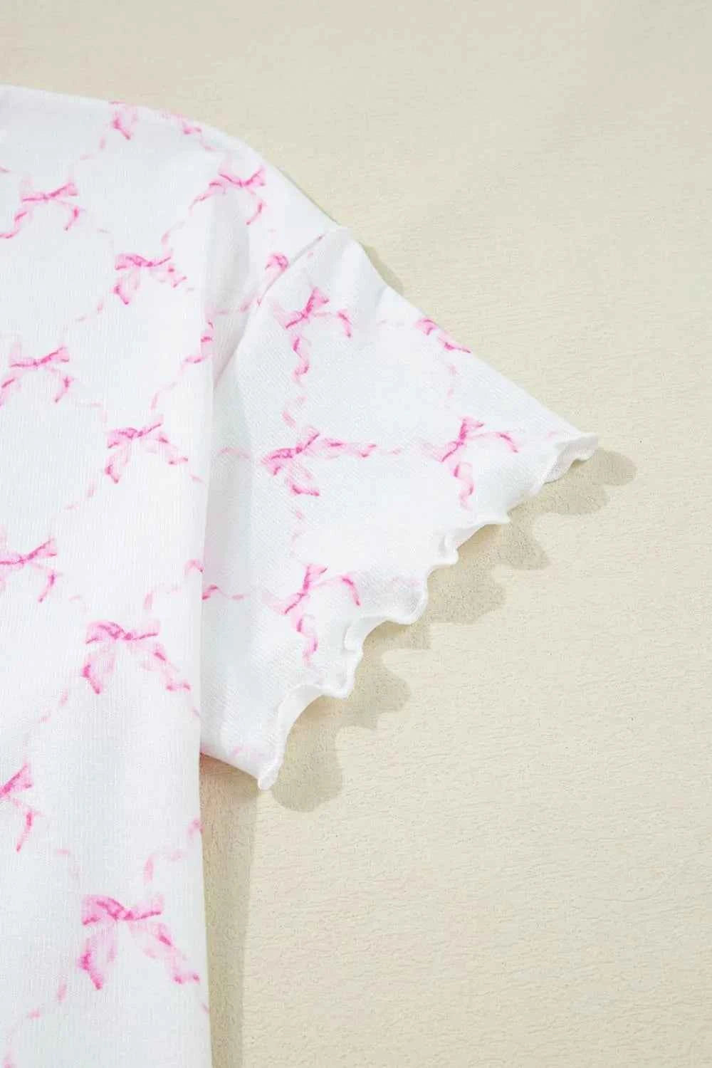 Bow Print Lettuce Trim Round Neck Top and Shorts Lounge Set 17d86336-d317-4889-b441-425f8bdc84d3-Max