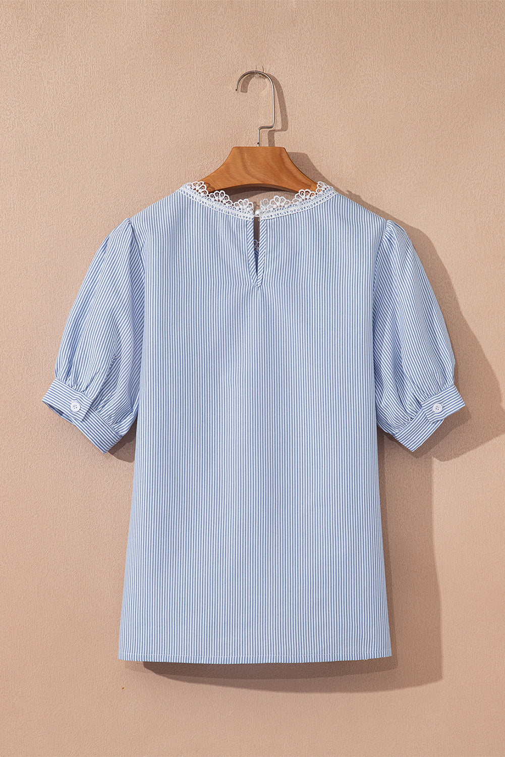 Sky Blue Striped Lace Floral Applique Puff Sleeve Blouse 17e01d2d55f75a20