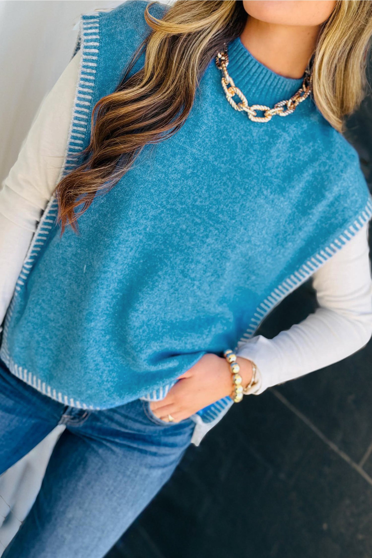 Blue Contrast Stitch Trim Knot Side Mock Neck Sweater Vest Blue 65%Acrylic+35%Polyamide 17e33b6cf67d0f87