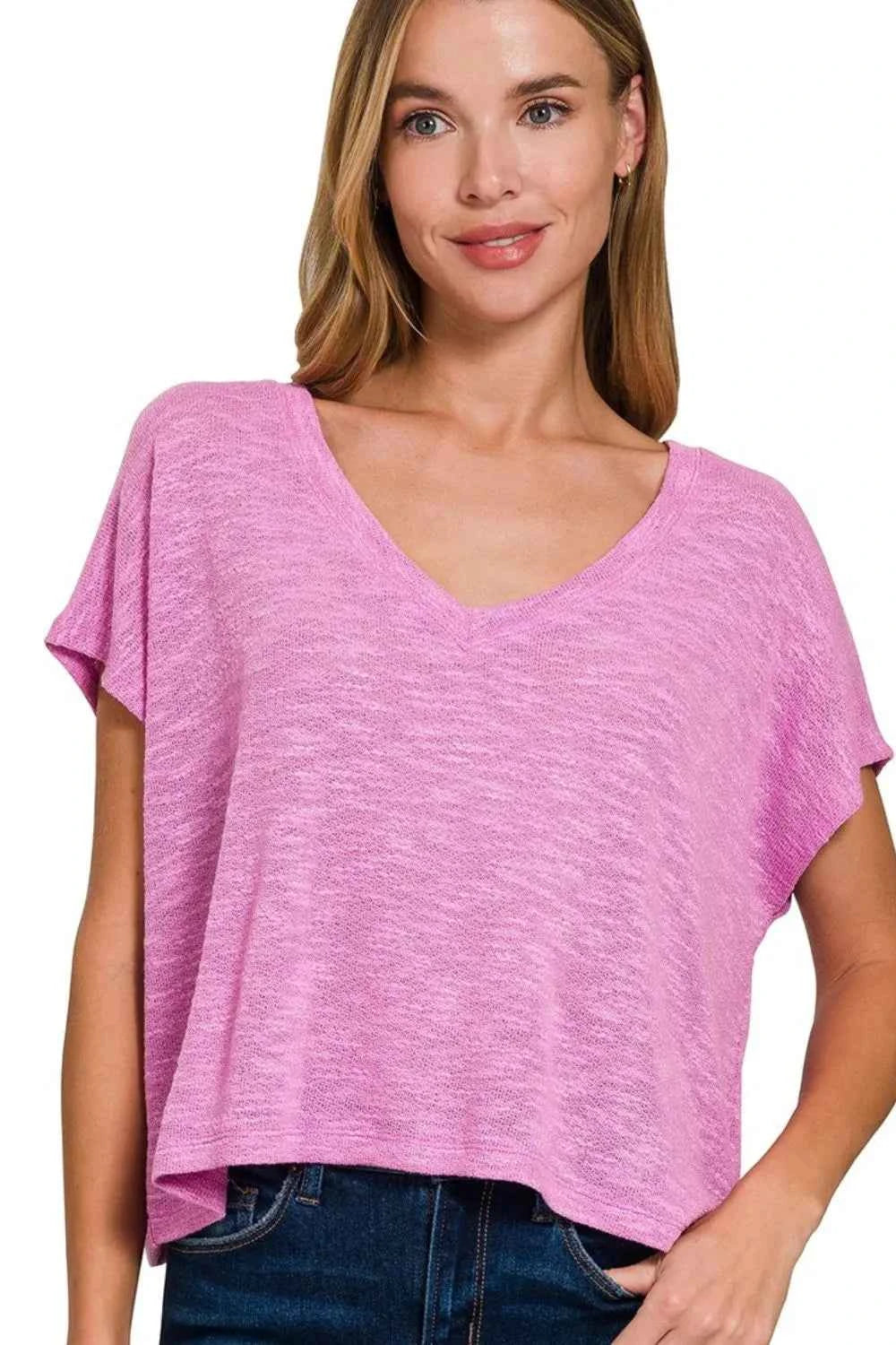 Zenana Hacci Slub V-neck Drop Shoulder Crop Top BRIGHT MAUVE 17f2956c-54fe-48a8-905f-8cb935e5653a-Max-Origin