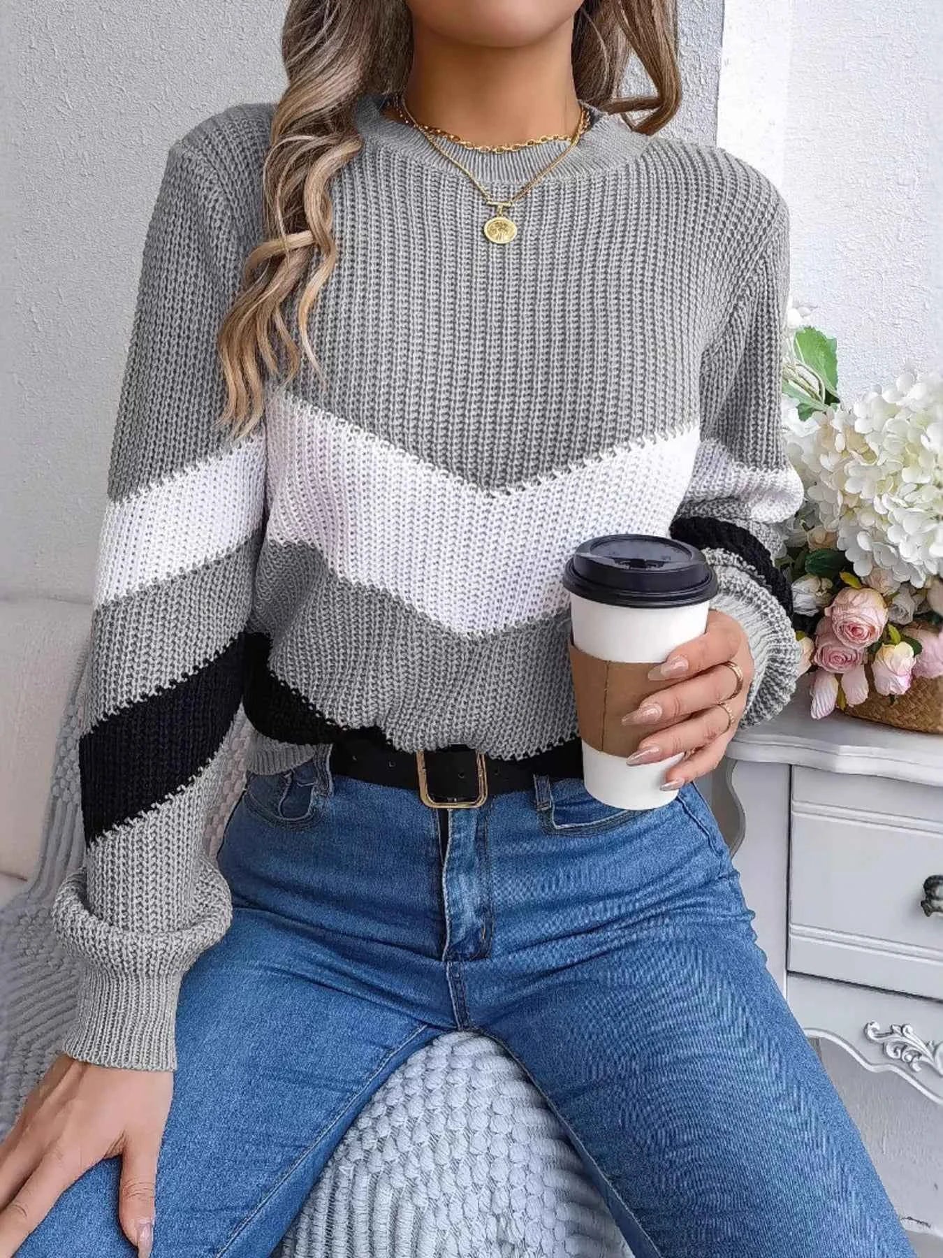 Chevron Stripe Color Block Round Neck Sweater 17f9c94306a84cb7a30074ef57ffc1ac-Max-Origin