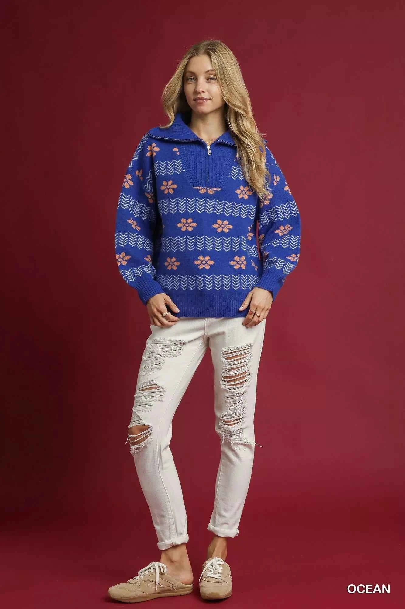 Umgee Floral Patterned Jacquard Quarter-Zip Pullover Sweater 17fcd69a-0c34-4415-9ceb-71b4ea16cbf5-Max-Origin