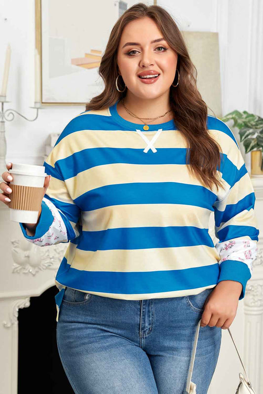 Blue Stripe Floral Color Block Drop Shoulder Plus Size Pullover Top Blue Stripe 95%Polyester+5%Elastane 18031045b1b67f8b