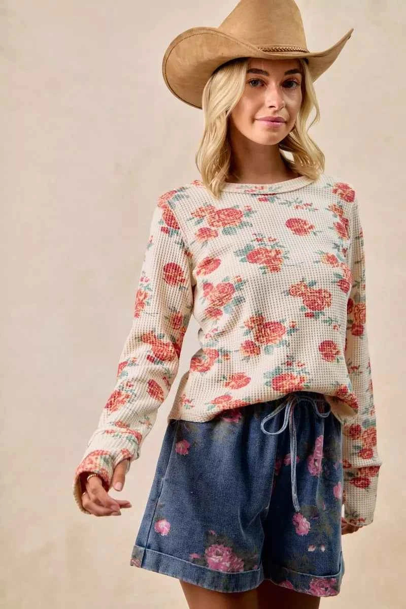 Floral Print Washed Waffle Thermal Top With Thumb 18033041c63a4cb0bb80f48ae323f59b-Max-Origin