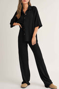 Black Solid Color Textured Buttoned Shirt and Casual Pants Set Black 95%Polyester+5%Elastane 18051417312af517