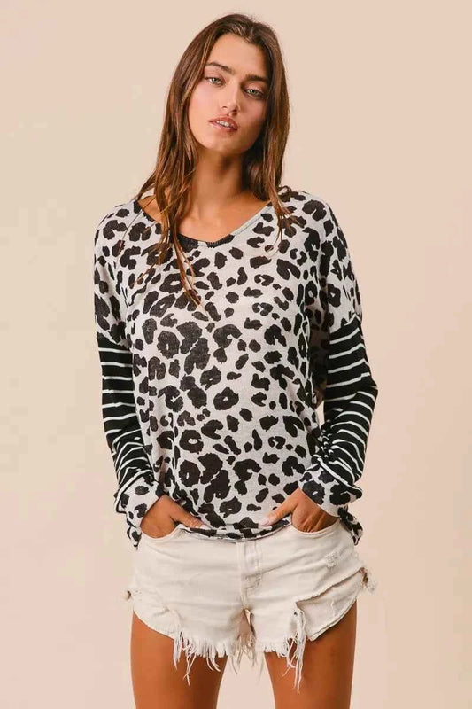 Leopard Hacci Knit Twist Back Top With Stripe Sleeve 1807ed1a170e4626ad61c3caf46dd1a7-Max-Origin