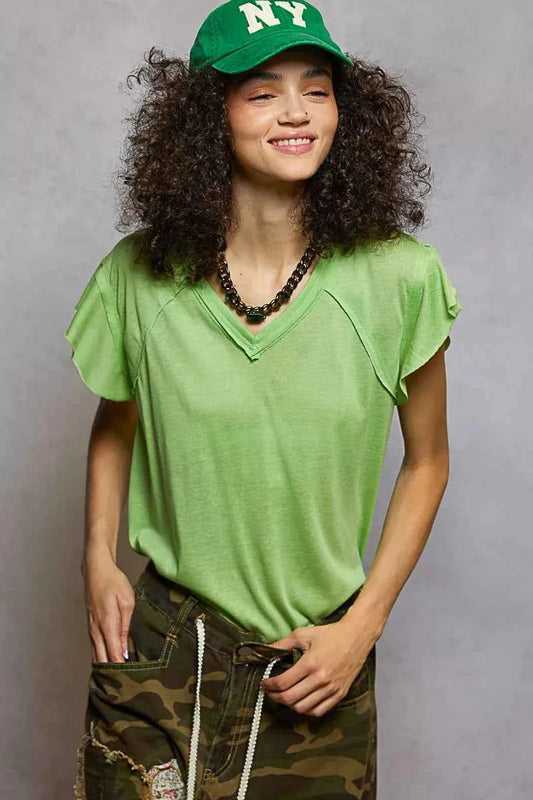 POL V-Neck Short Sleeve T-Shirt with Ruffle Sleeve LIME 180a7702-c326-46c8-b766-36c426e861c0-Max-Origin