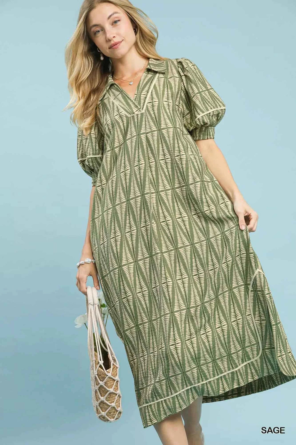 Umgee Geometric Print Midi Dress Sage 180abb69-e271-4bf4-bbcc-ac03449c80f2-Max-Origin