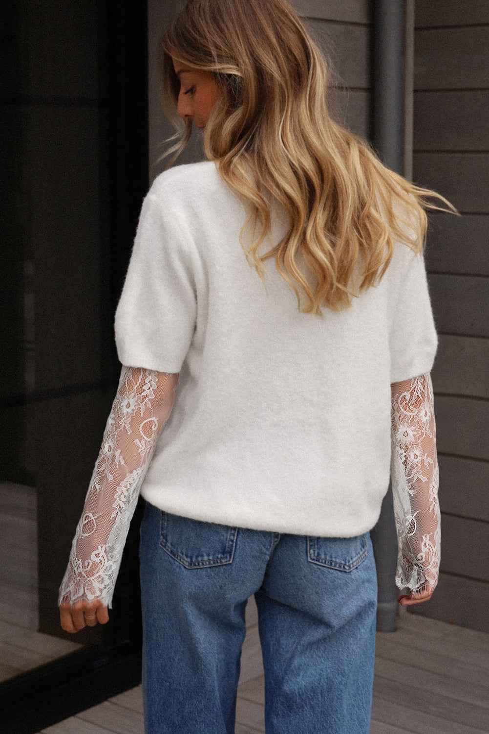 Beige Lace Sleeve Patchwork Faux Two-piece Fuzzy Sweater 180d6d23123713c4