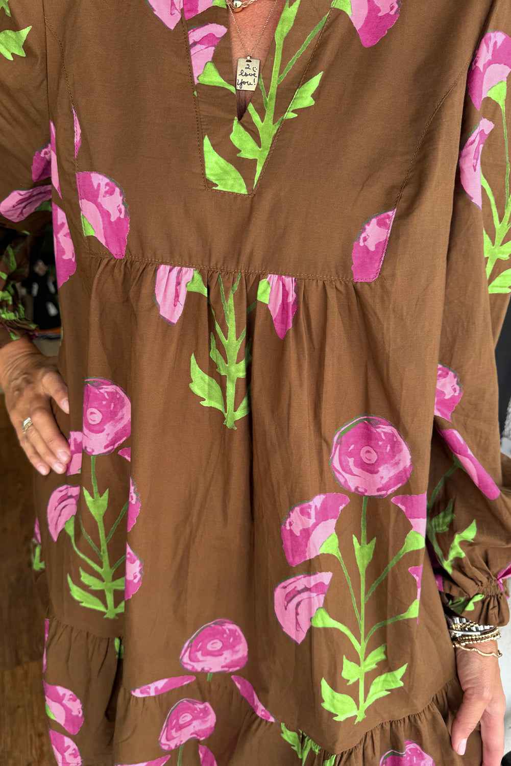 Brown Contrast Floral Print Babydoll Tunic Ruffled Hem Puff Sleeve Dress 180eb28f11d45786