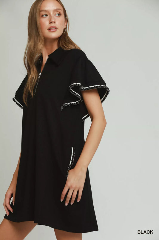 Half Zip Ruffle Rib Band Butterfy Sleeve Mini Dress with Pockets 180fb535-8e27-4ff9-a851-039ae94199d3-Max-Origin