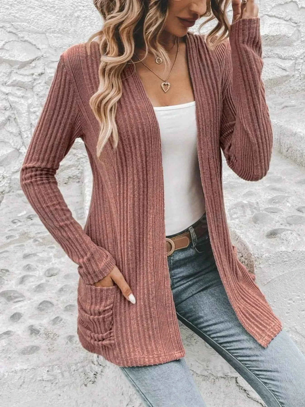 Ribbed Open Front Long Cardigan with Pockets 181258fd1eee44bb86ce6b35a6f31968-Max-Origin