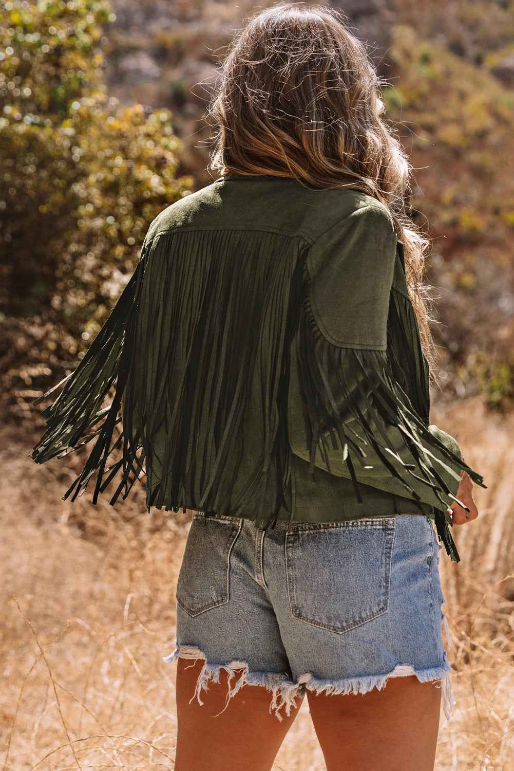 Green Cropped Fringe Faux Suede Jacket 18128abb64dcda70