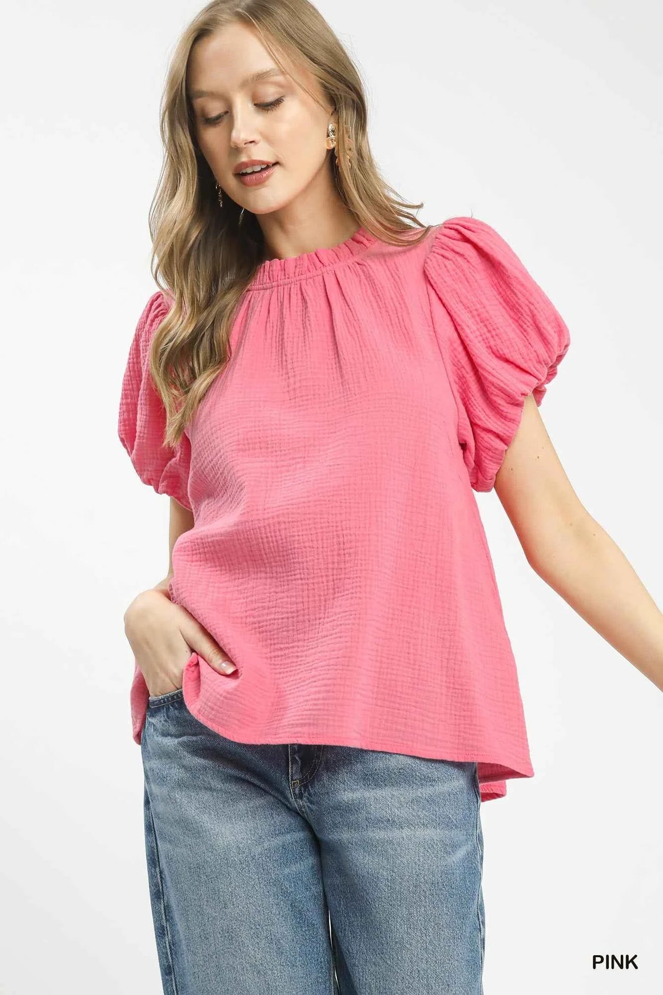 Umgee Textured Gauze Ruffle Neck Boho Top Pink 18179d1a-3470-4e58-9b43-e3a8a273540d-Max