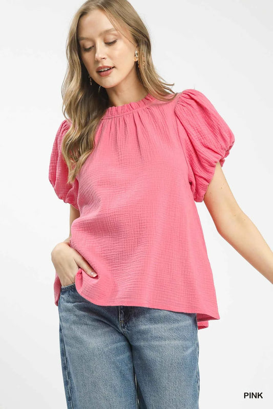 Umgee Textured Gauze Ruffle Neck Boho Top Pink 18179d1a-3470-4e58-9b43-e3a8a273540d-Max