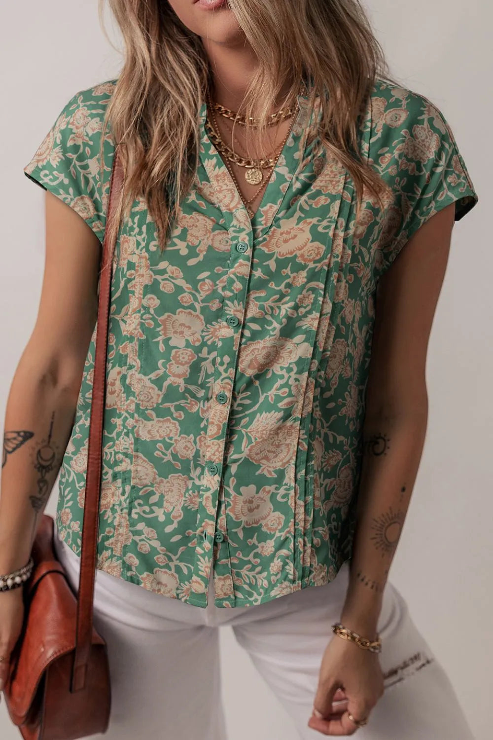 Printed Pleated Buttoned Notched Short Sleeve Blouse Matcha Green 181802e8-95f8-477a-9f7d-e2f77c8b10c9-Max-Origin